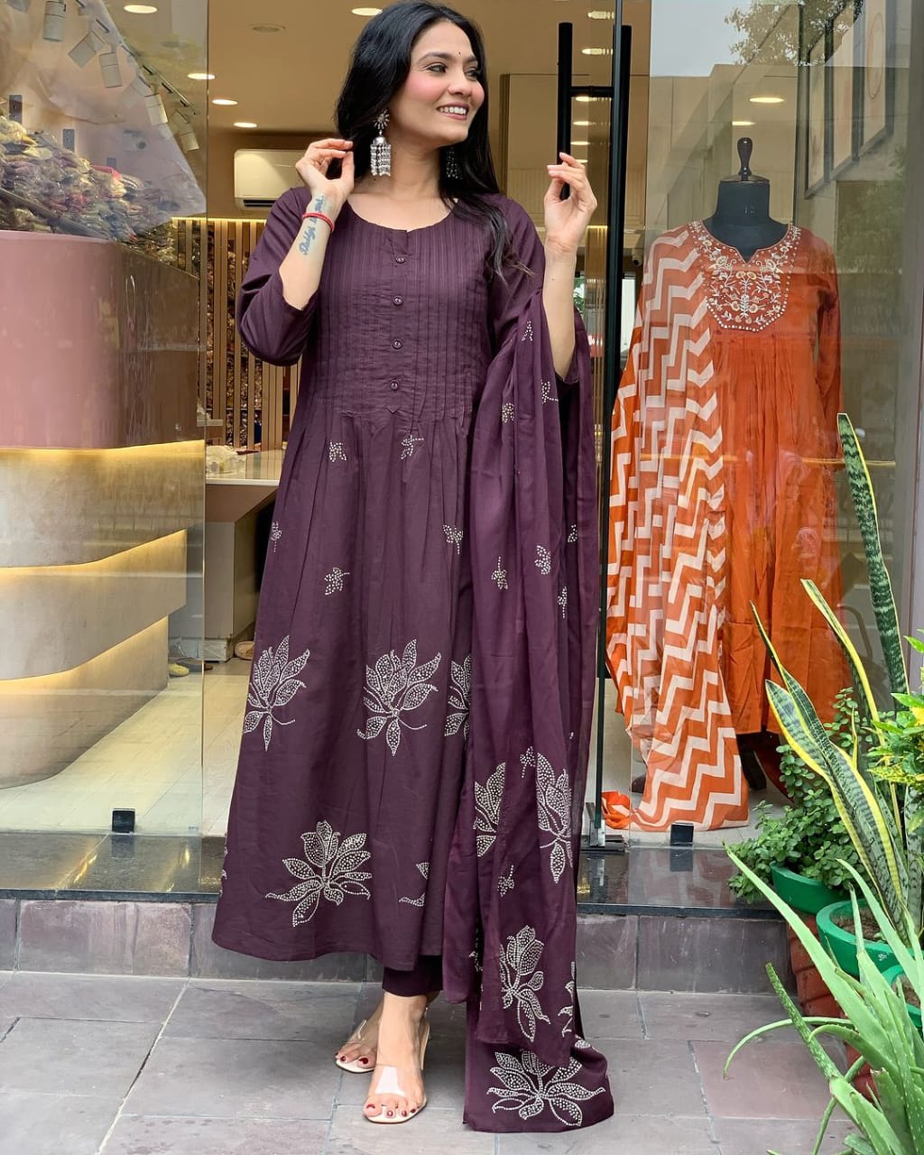 Plum Wine Cotton Kurta Pant With Mulmul Dupatta Set