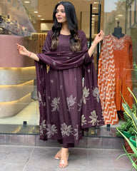 Plum Wine Cotton Kurta Pant With Mulmul Dupatta Set