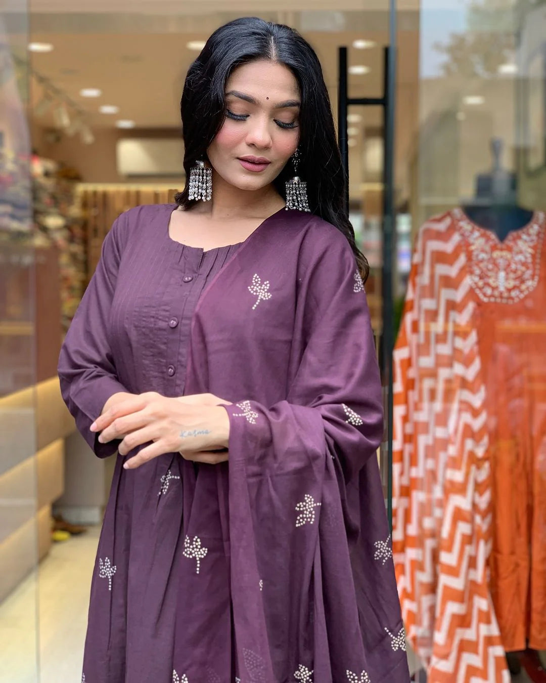 Plum Wine Cotton Kurta Pant With Mulmul Dupatta Set