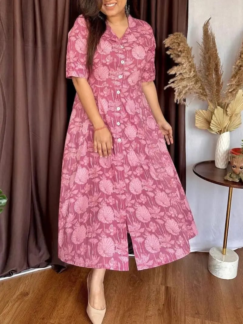 Pink Cotton Flower Printed Middi Dress