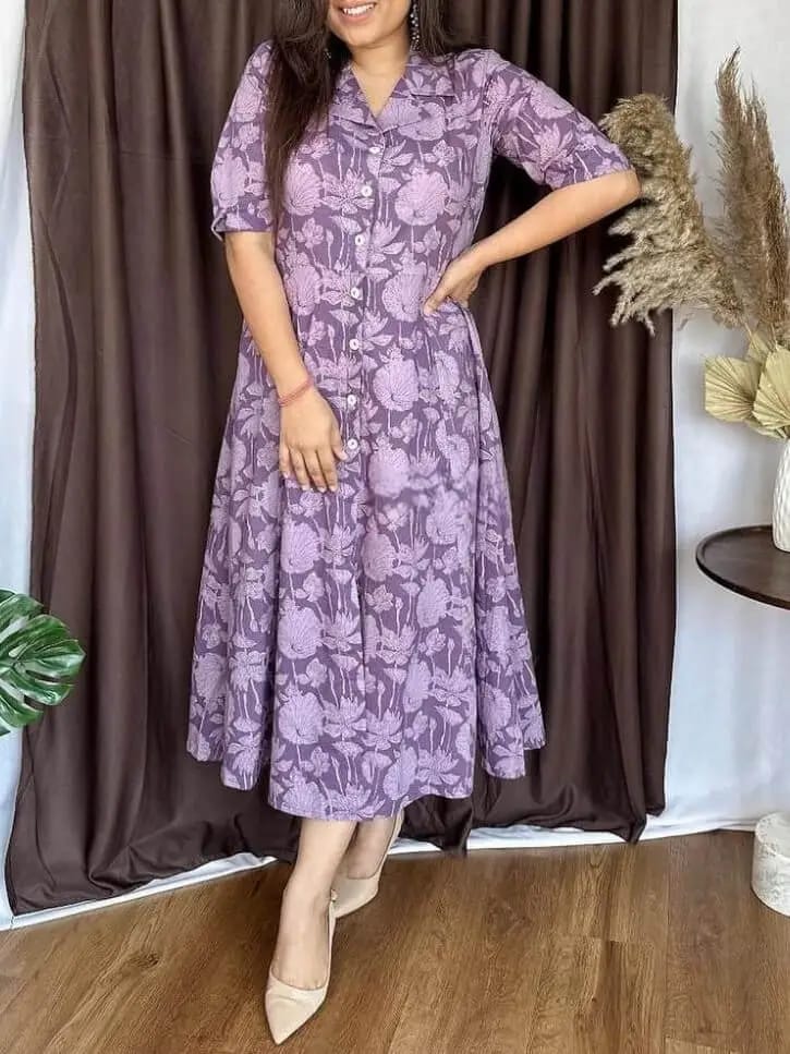 Purple Cotton Flower  Printed Middi  Dress