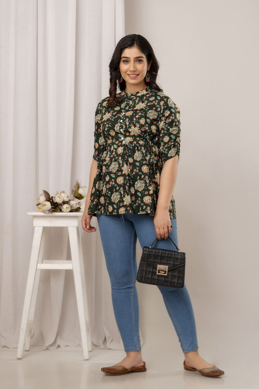 Floral Printed Dark Green Top