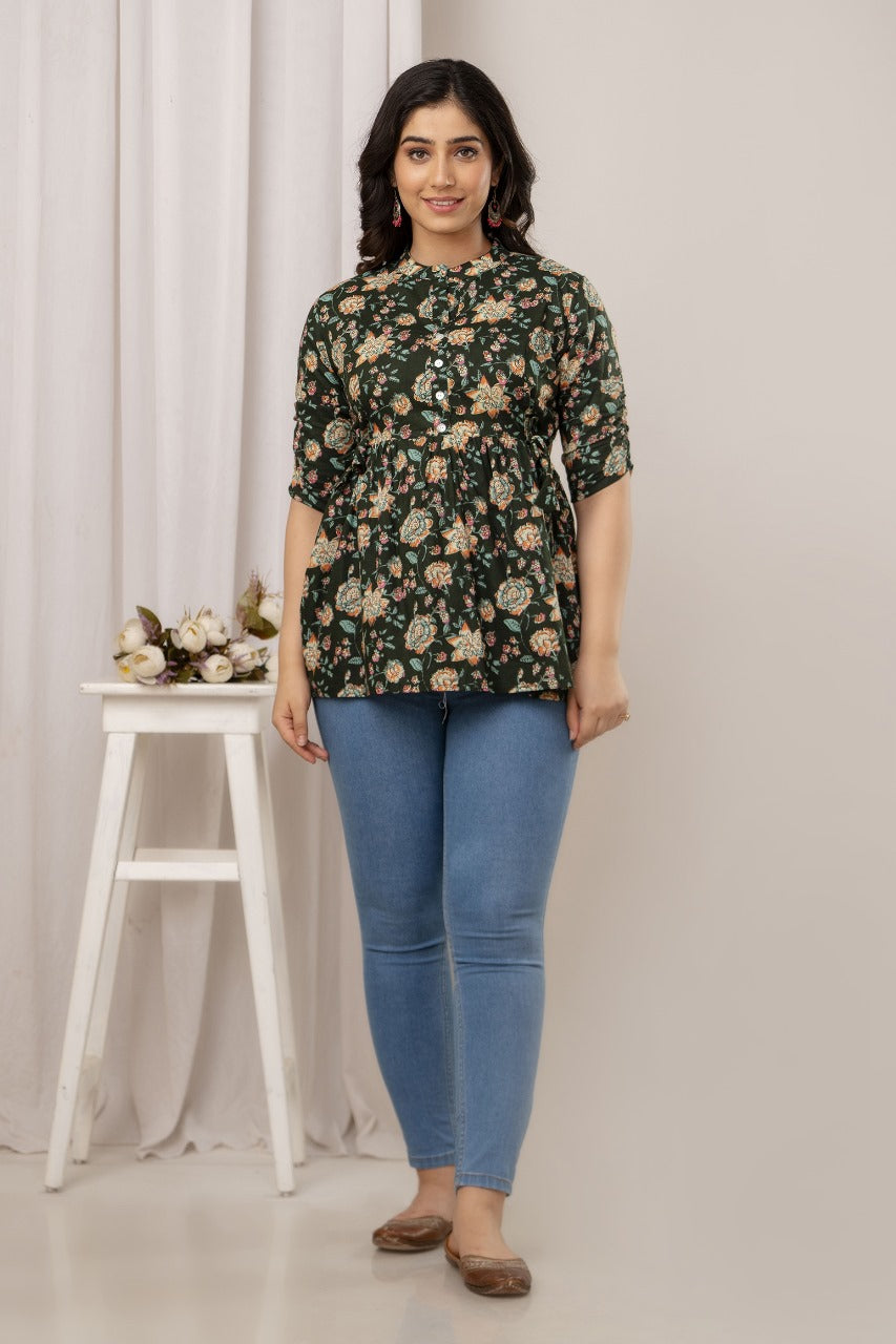 Floral Printed Dark Green Top