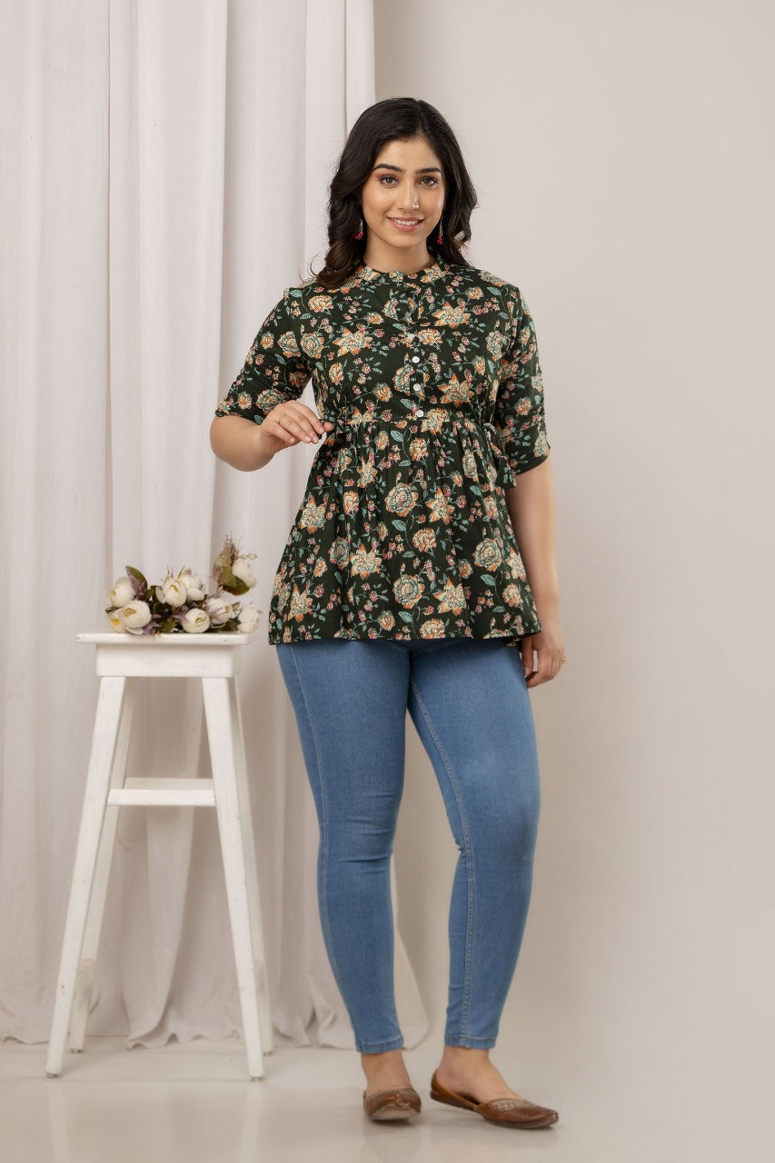 Floral Printed Dark Green Top