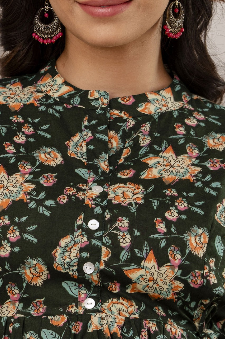 Floral Printed Dark Green Top