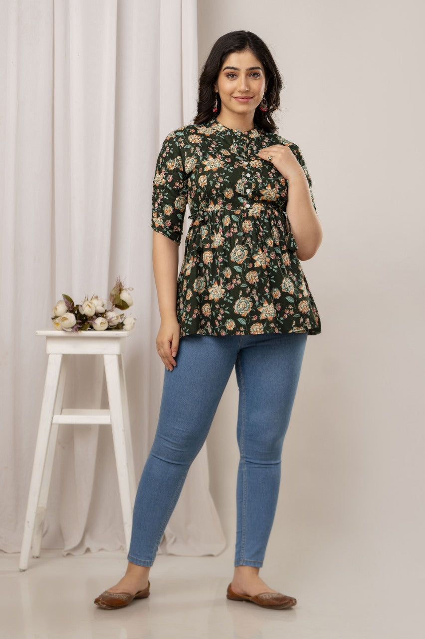 Floral Printed Dark Green Top