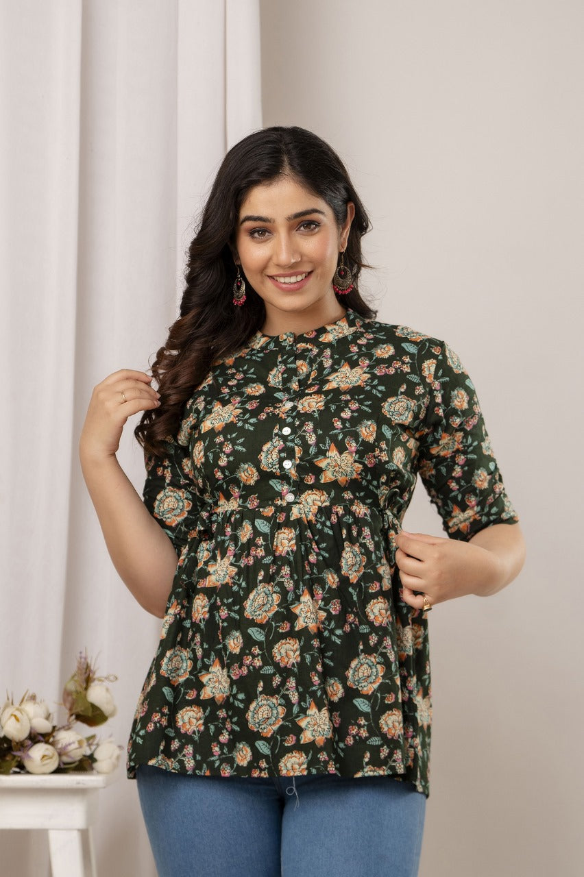 Floral Printed Dark Green Top