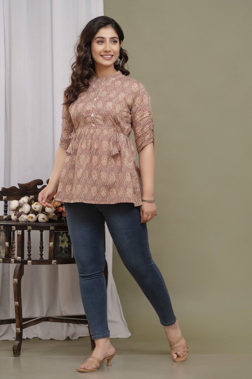 Trendy Cotton Floral Printed Brown Top