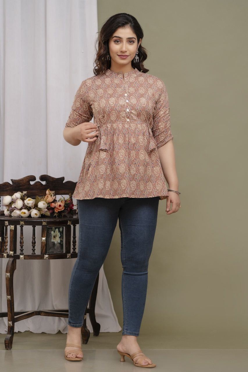 Trendy Cotton Floral Printed Brown Top