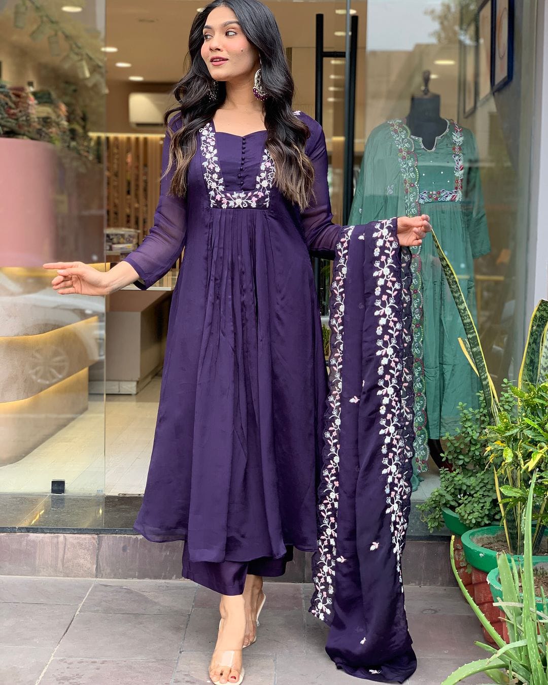 Embroidered Midnight Bloom Anarkali Set With Mulmul Dupatta