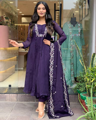 Embroidered Midnight Bloom Anarkali Set With Mulmul Dupatta