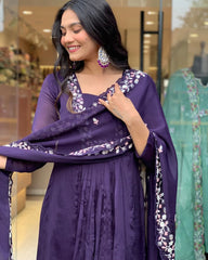 Embroidered Midnight Bloom Anarkali Set With Mulmul Dupatta