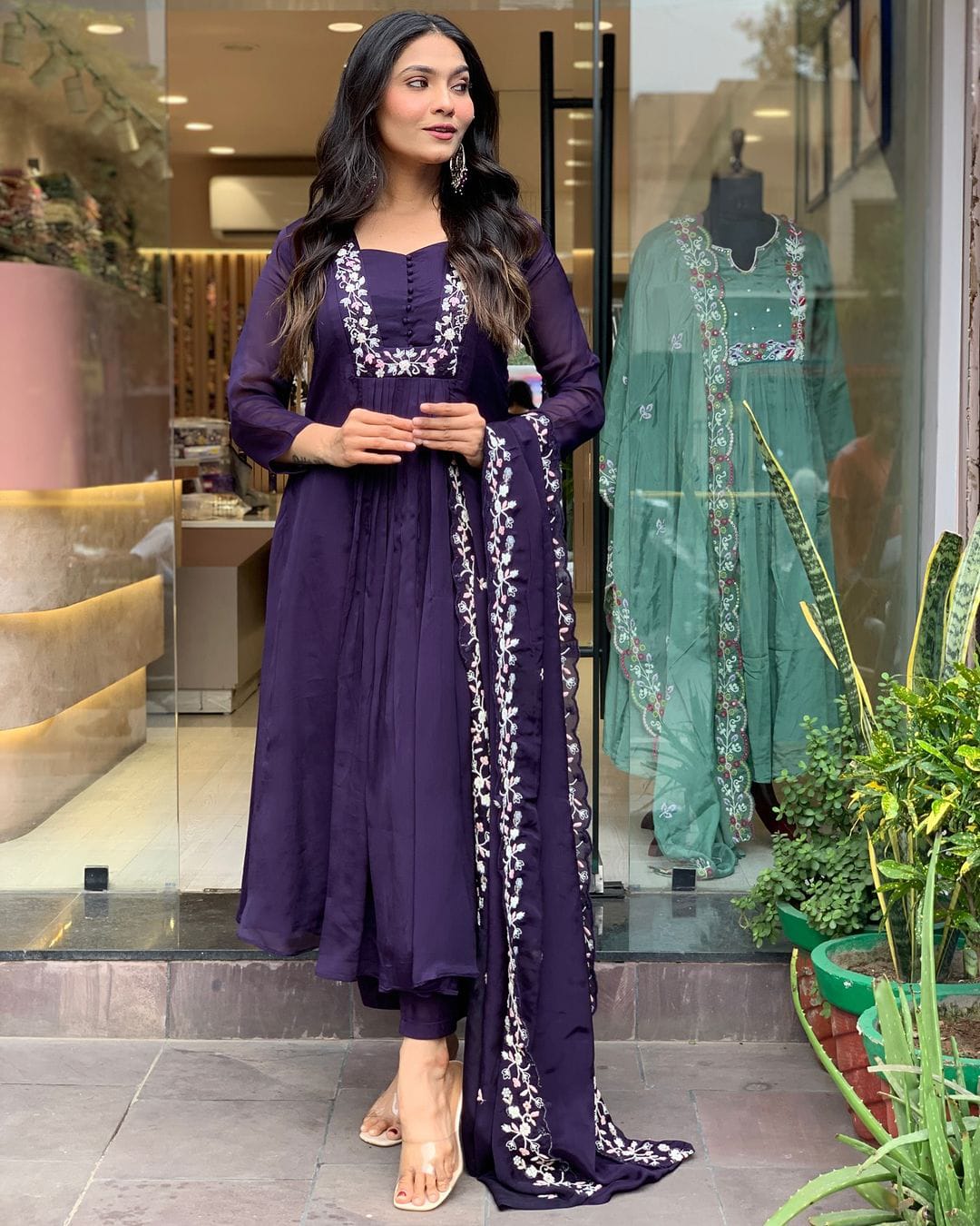 Embroidered Midnight Bloom Anarkali Set With Mulmul Dupatta