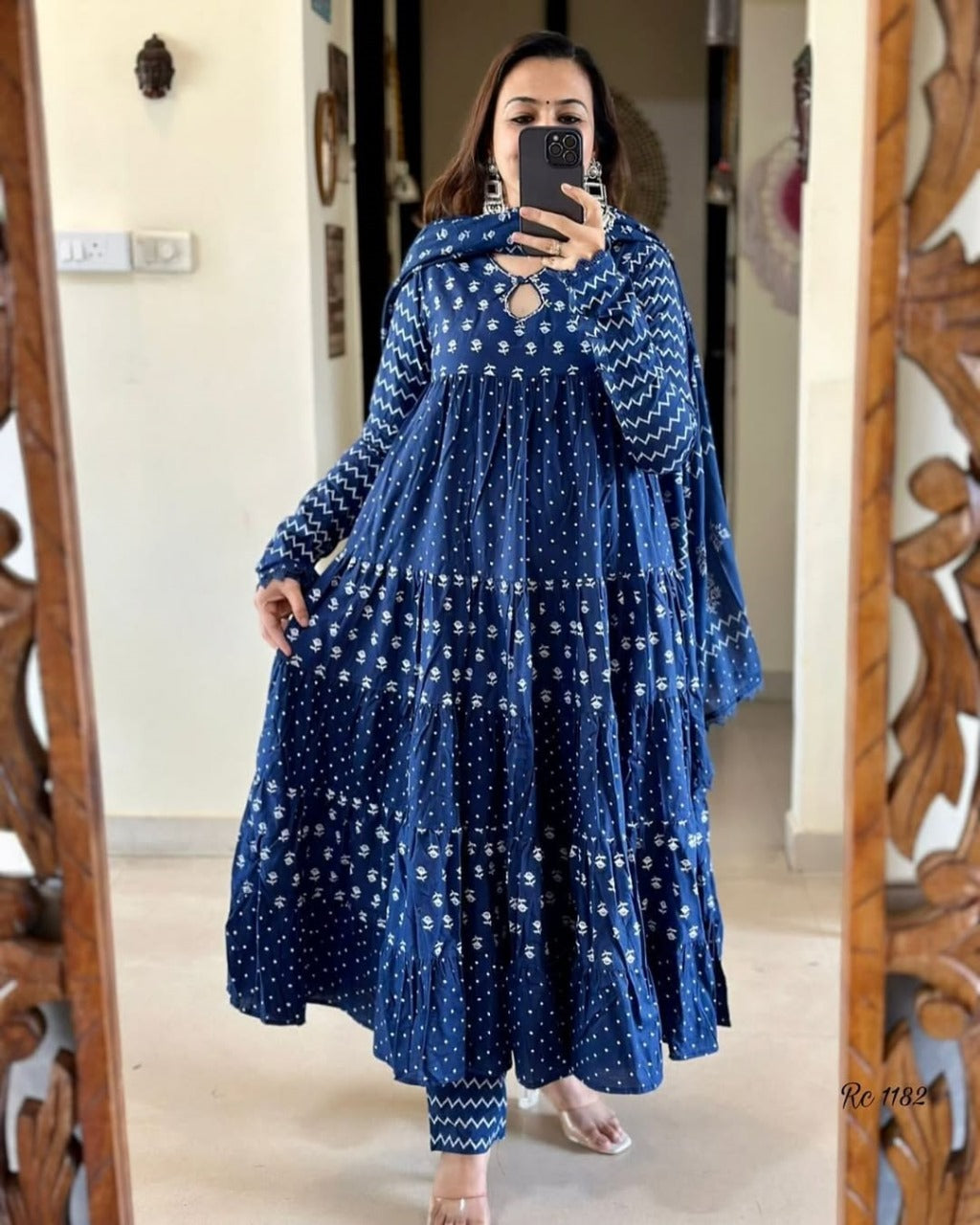 Women Blue Cotton Anarkali Set