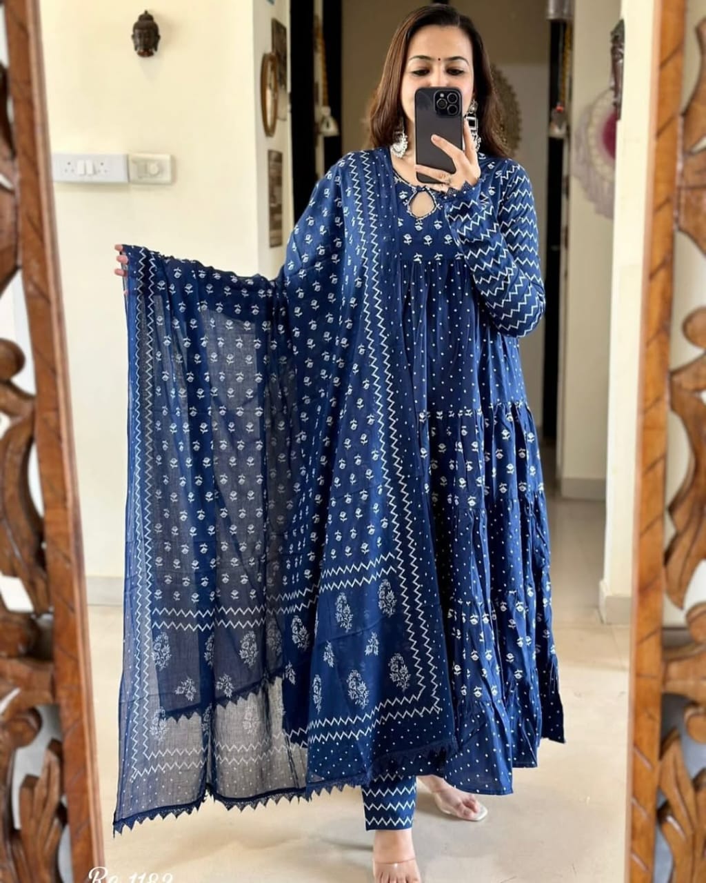 Women Blue Cotton Anarkali Set