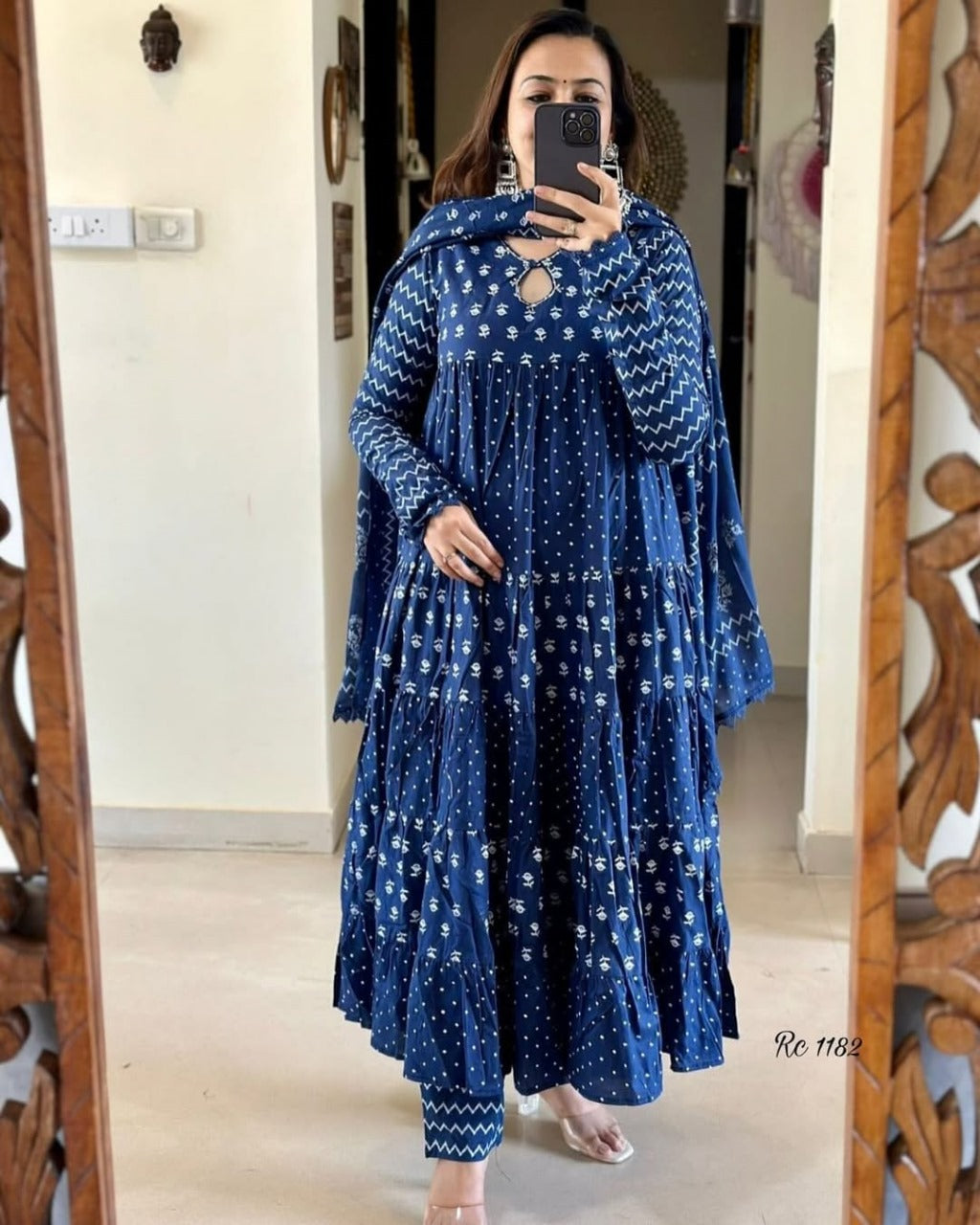 Women Blue Cotton Anarkali Set