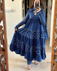 Women Blue Cotton Anarkali Set