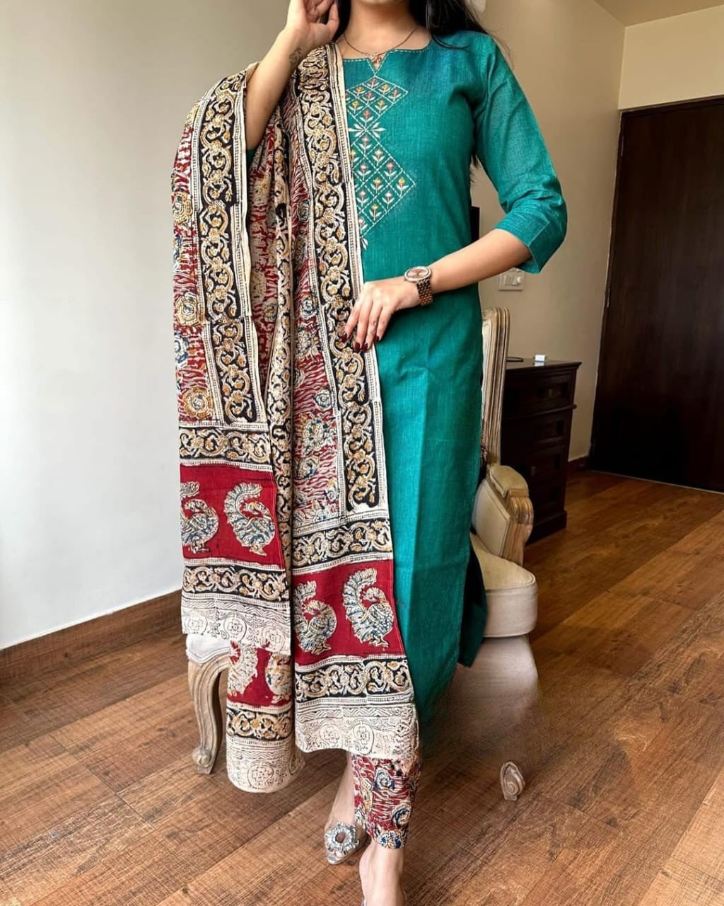 Timeless South Cotton Teal Kurta with Printed Dupatta