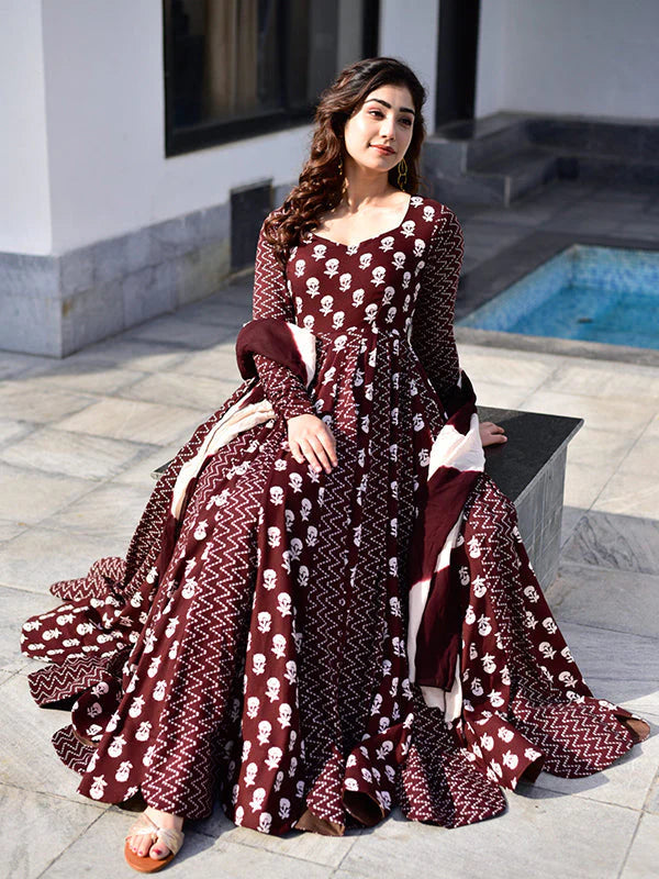 Maroon Rayon Designer Long Gown With Dupatta