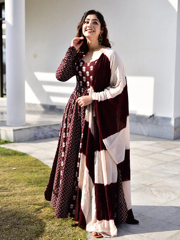 Maroon Rayon Designer Long Gown With Dupatta