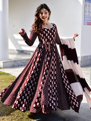 Maroon Rayon Designer Long Gown With Dupatta