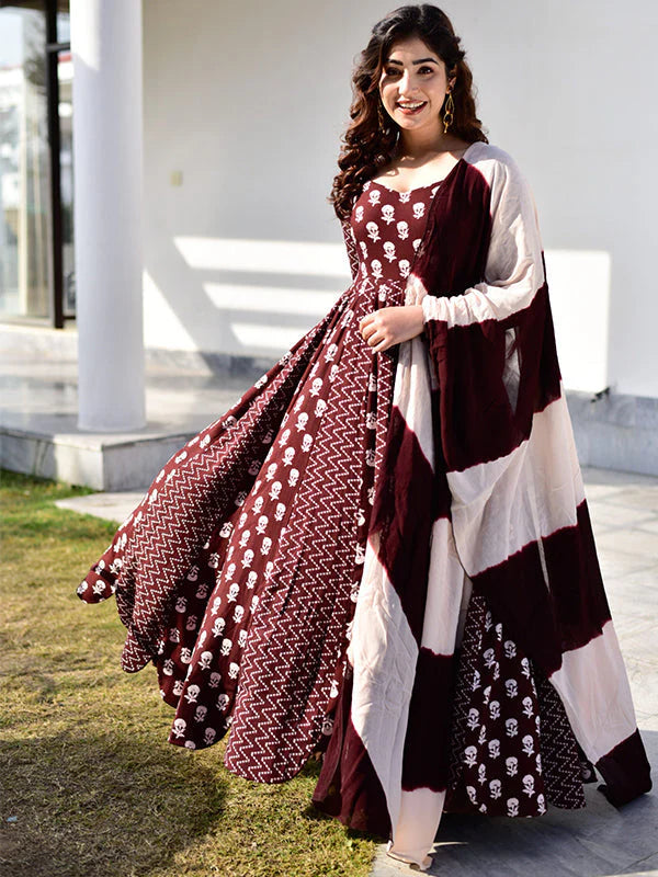 Maroon Rayon Designer Long Gown With Dupatta