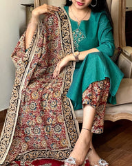 Timeless South Cotton Teal Kurta with Printed Dupatta