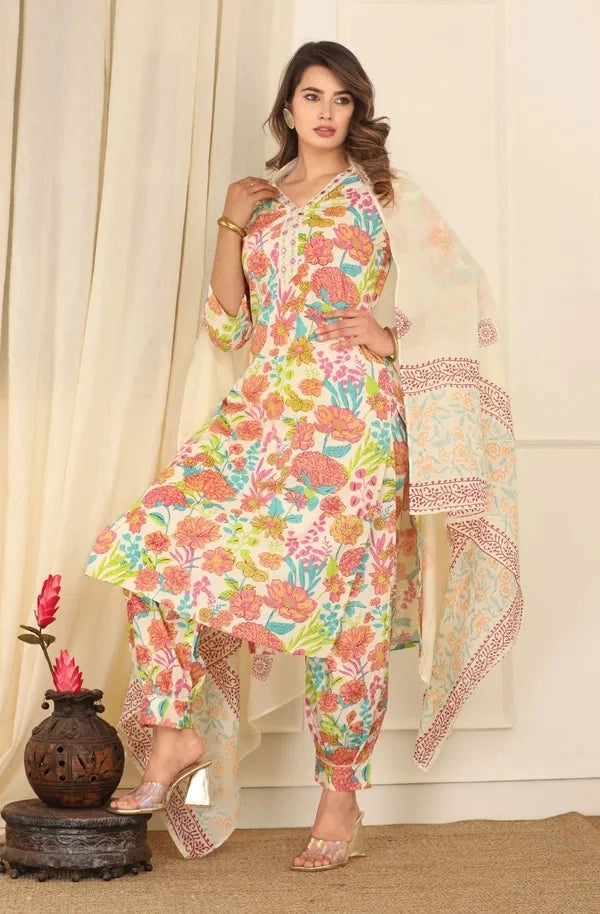 Cream Cotton Flower Print Straight Kurta and Pant with Dupatta