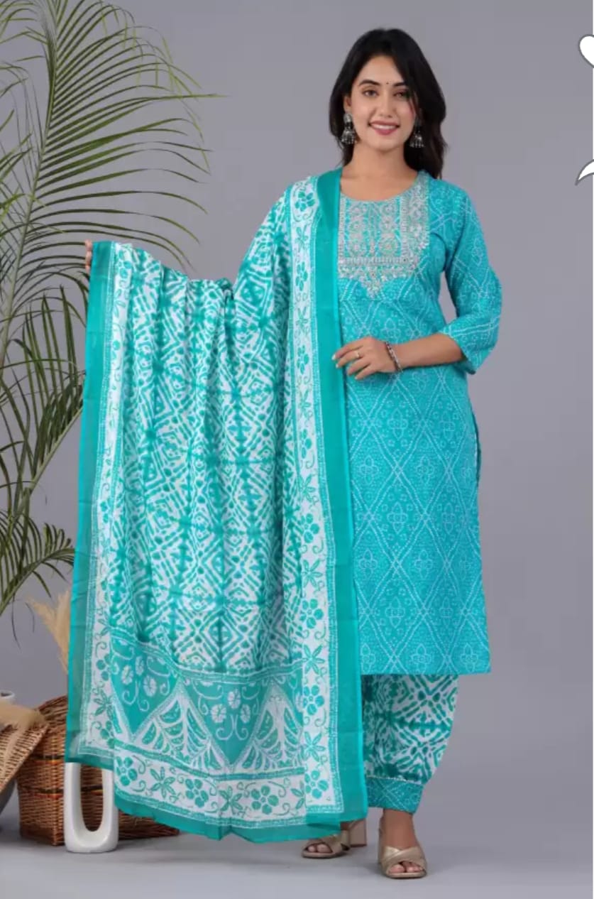 Blue Cotton Afgani Printed Embroidery Kurta and Pant with Dupatta