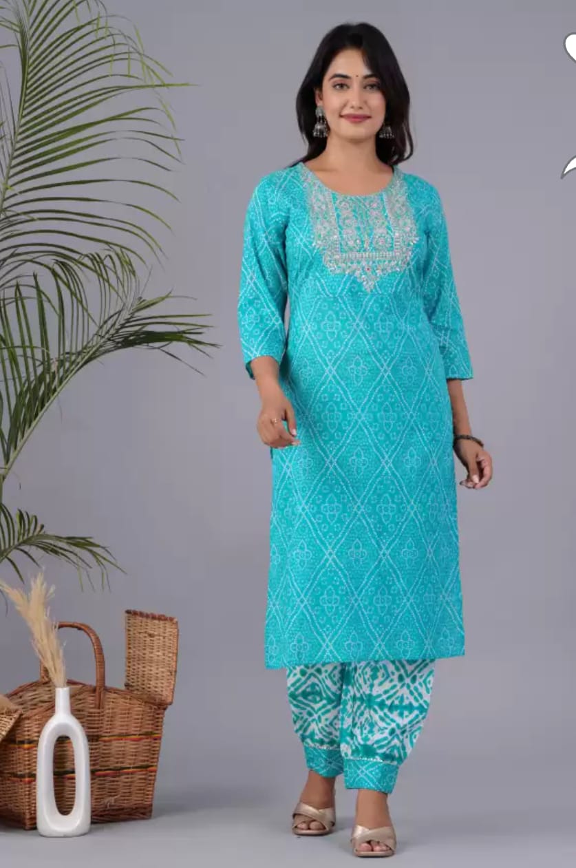 Blue Cotton Afgani Printed Embroidery Kurta and Pant with Dupatta