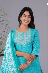 Blue Cotton Afgani Printed Embroidery Kurta and Pant with Dupatta